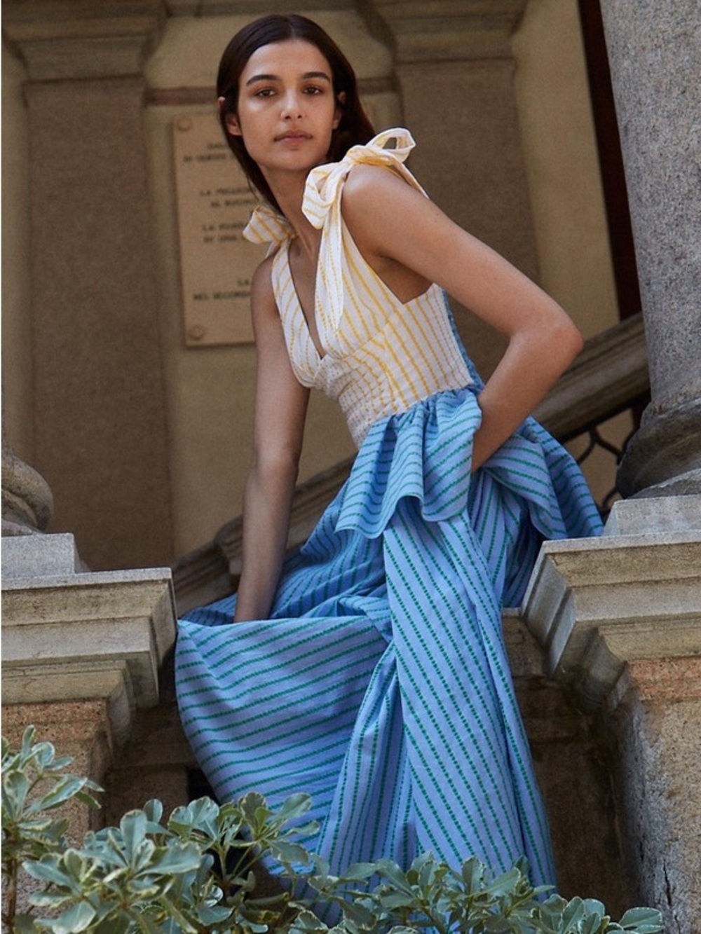 Rosie Assoulin Rough-Led Around the Edges Yellow and Blue Striped Gown NWT 6